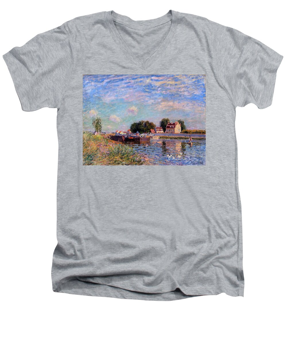 Alfred Sisley Men's V-Neck T-Shirt featuring the painting The Canal at Saint-Mammes by Alfred Sisley