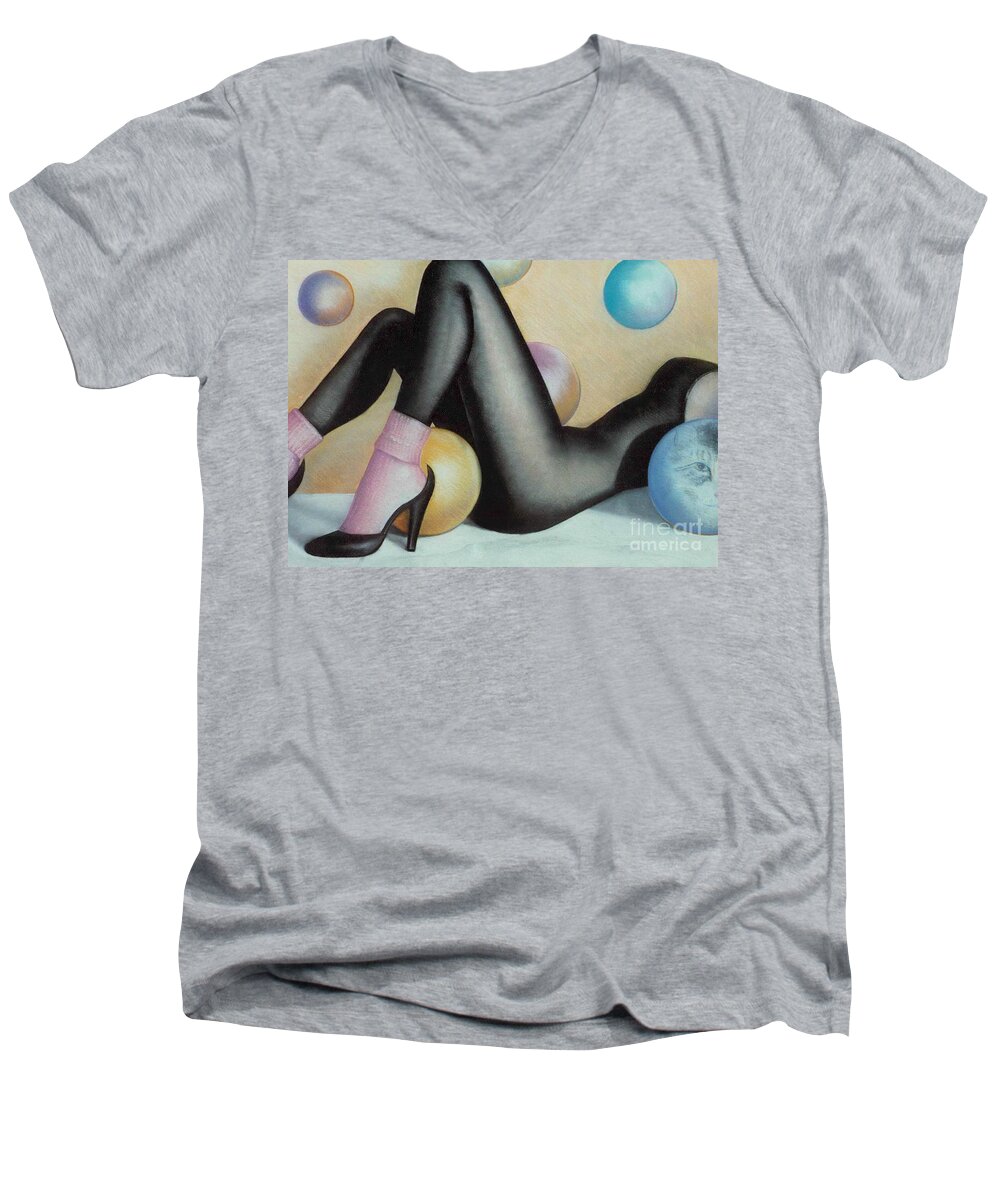 Female Men's V-Neck T-Shirt featuring the pastel The Cat by Mary Ann Leitch