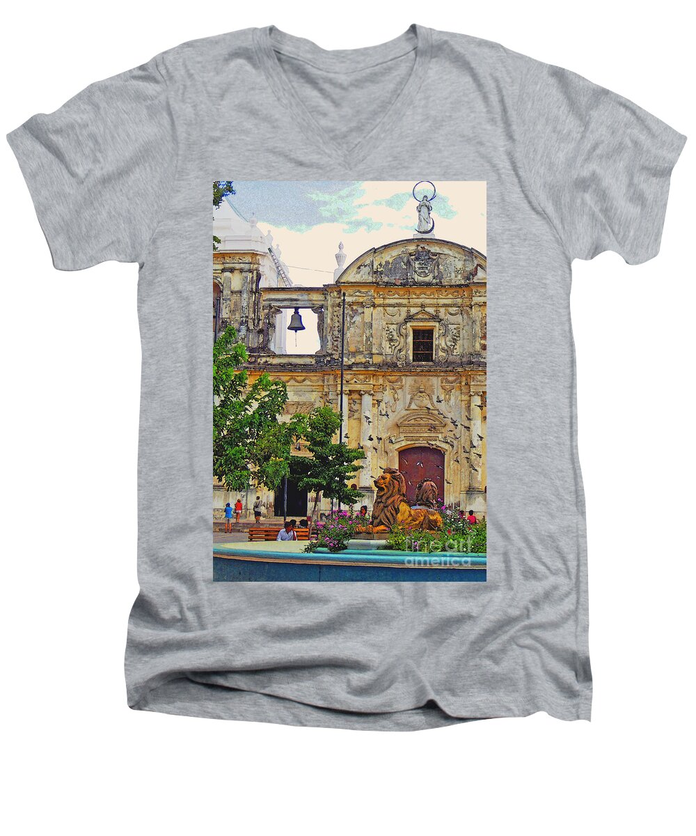 The Cathedral Of Leon Men's V-Neck T-Shirt featuring the photograph The Cathedral of Leon by Lydia Holly