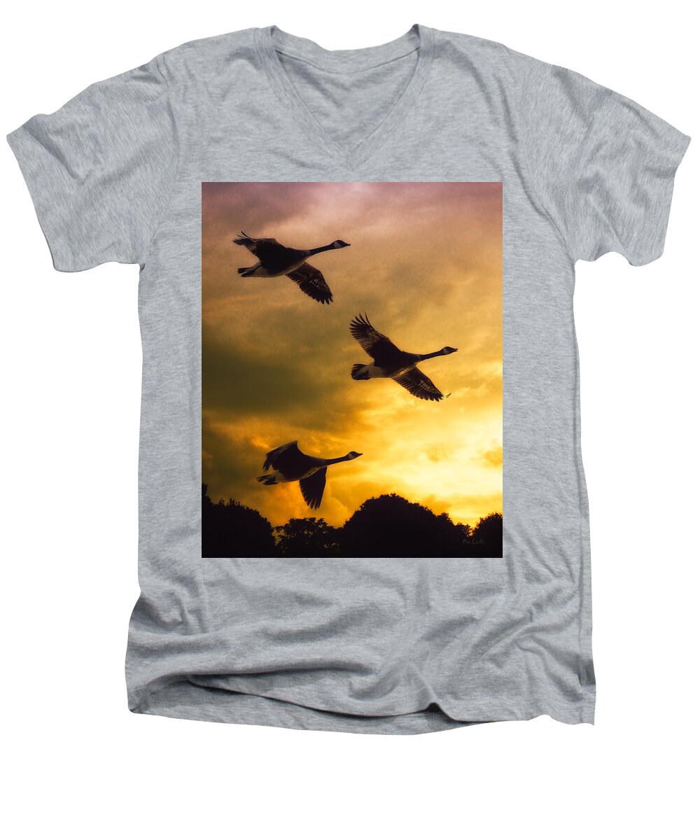 Geese Men's V-Neck T-Shirt featuring the photograph The Journey South by Bob Orsillo