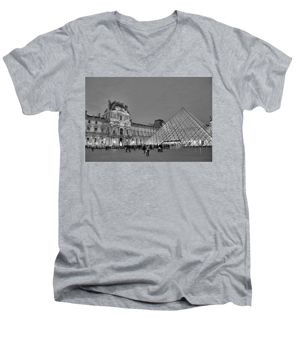 The Louvre Men's V-Neck T-Shirt featuring the photograph The Louvre Black and White by Allen Beatty