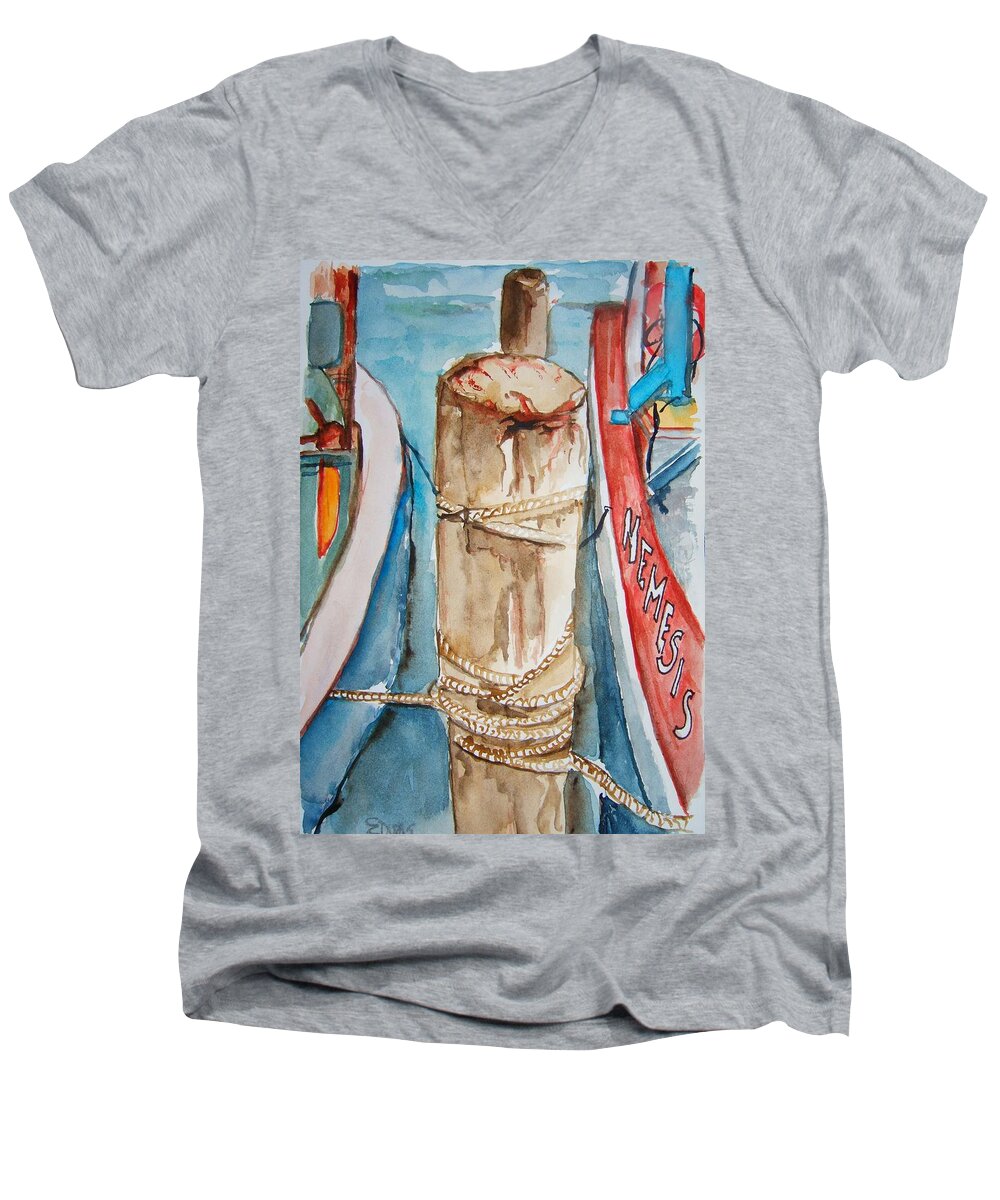 Boat Men's V-Neck T-Shirt featuring the painting The Mooring by Elaine Duras