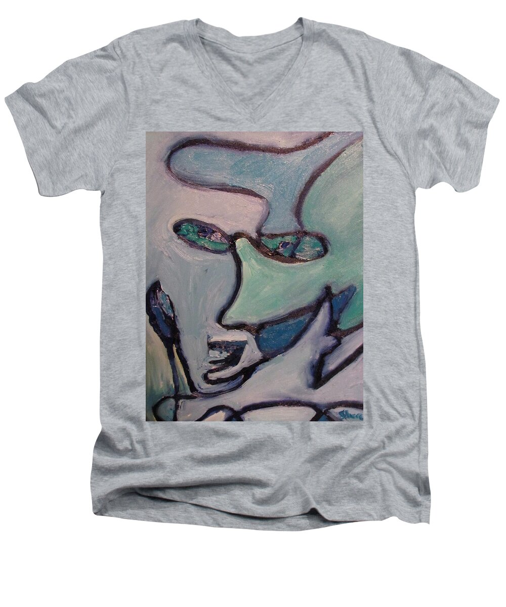 Perpetrator Men's V-Neck T-Shirt featuring the painting The Perpetrator by Shea Holliman