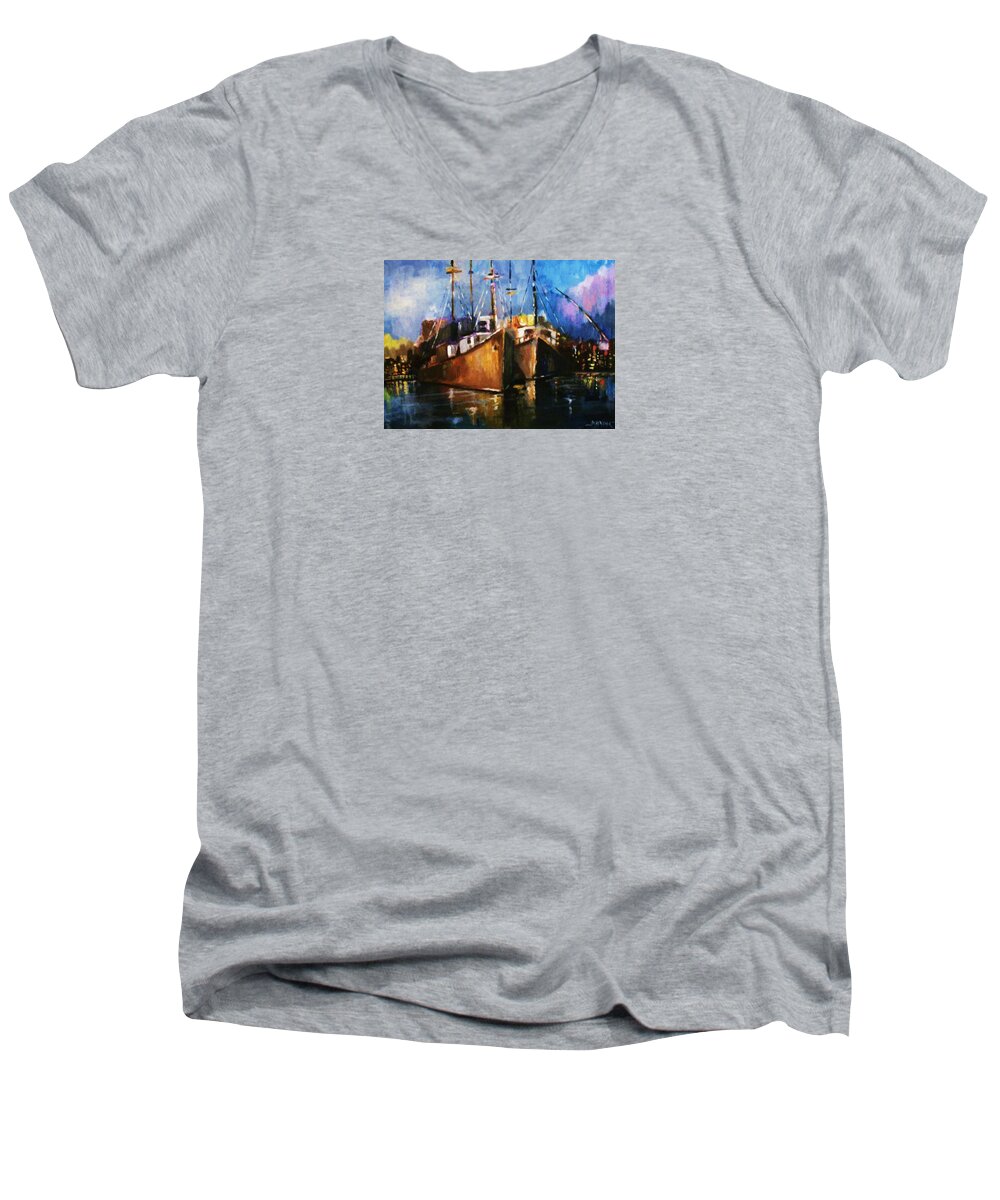 Ships Men's V-Neck T-Shirt featuring the painting The Pier at Sunset by Al Brown