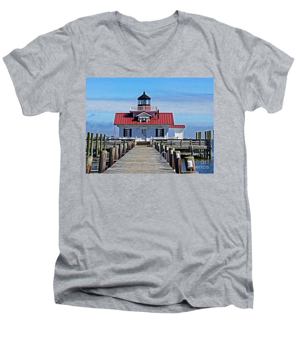 Beacon Men's V-Neck T-Shirt featuring the photograph The Roanoke Marshes lighthouse by Dawn Gari