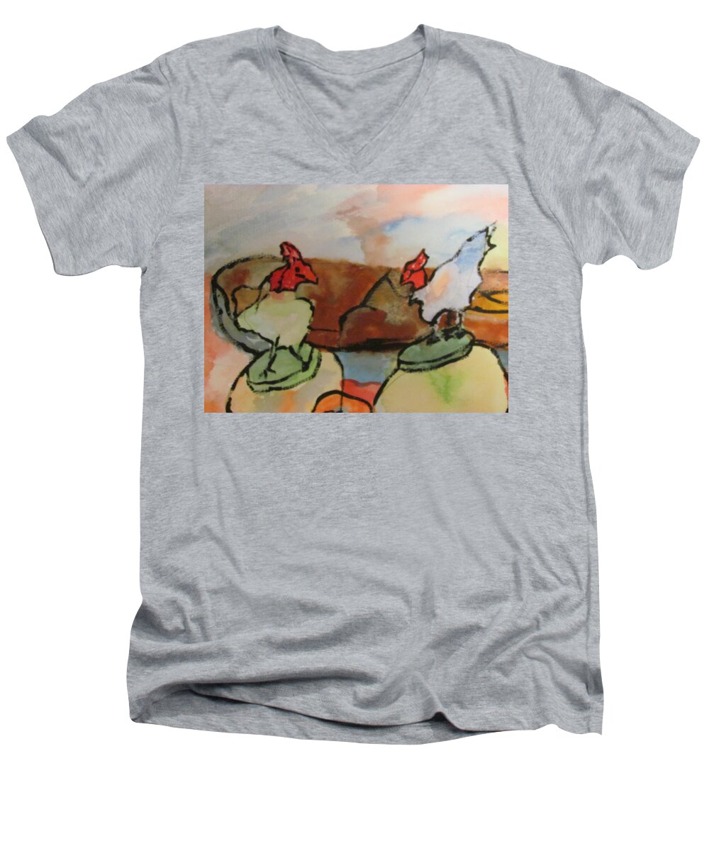 Roosters Men's V-Neck T-Shirt featuring the painting The Roosters by Shea Holliman