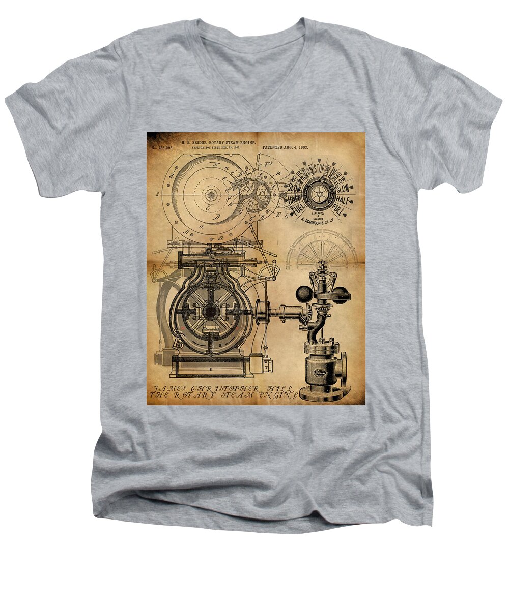 Steampunk Men's V-Neck T-Shirt featuring the painting The Rotary Engine by James Hill