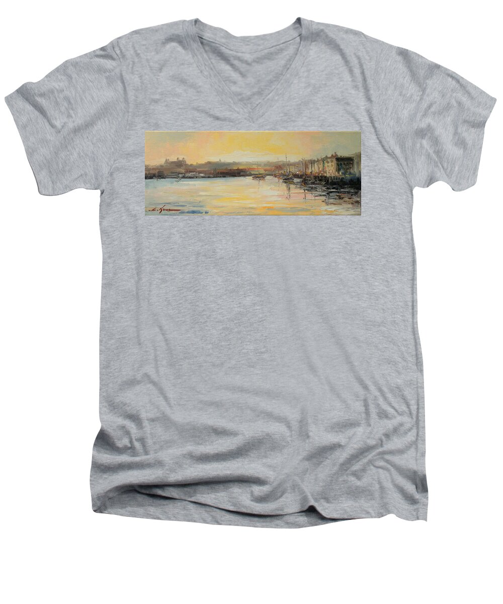 Scarborough Men's V-Neck T-Shirt featuring the painting The Scarborough Harbour by Luke Karcz