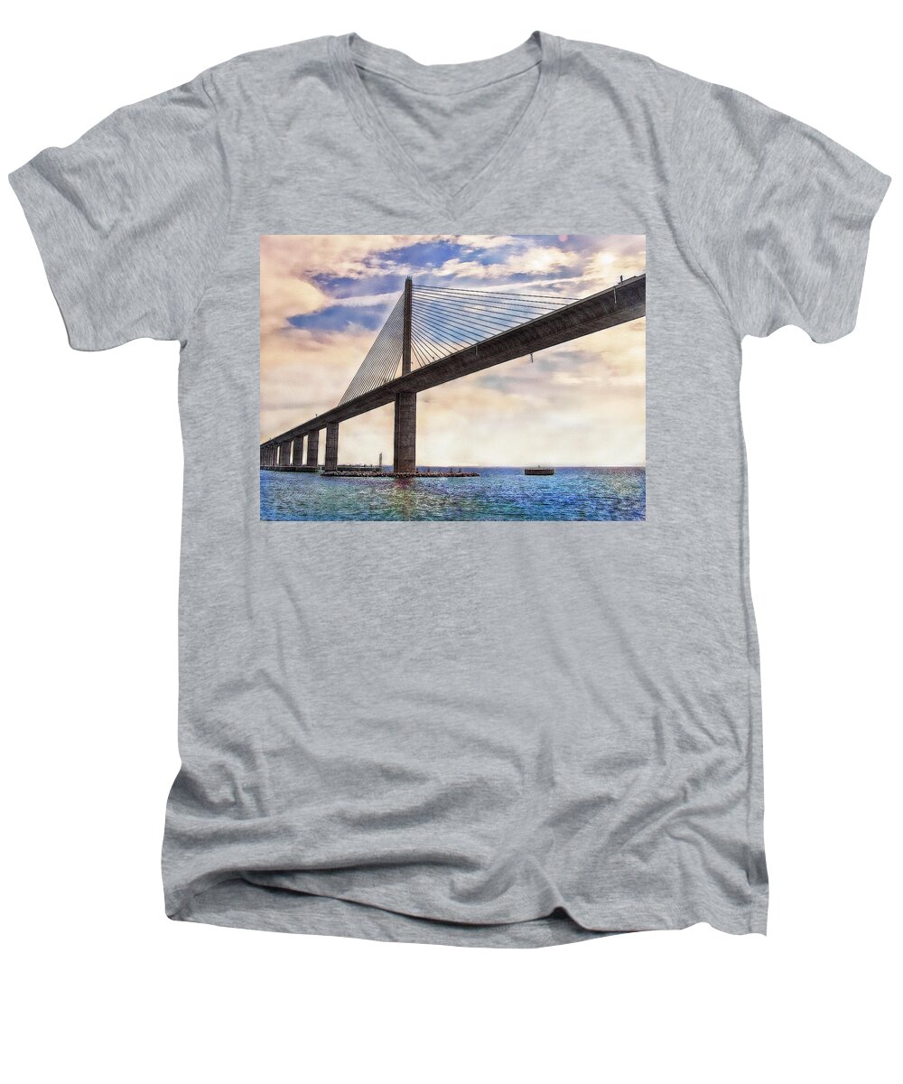 Bridge Men's V-Neck T-Shirt featuring the photograph The Skyway by Hanny Heim