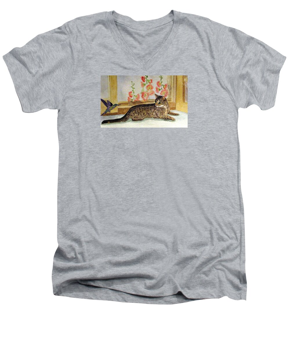 Cat Men's V-Neck T-Shirt featuring the painting The Visitor by Angela Davies
