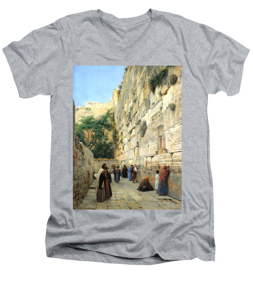 The Wailing Wall Jerusalem Men's V-Neck T-Shirt featuring the digital art The Wailing Wall Jerusalem by Gustav Bauernfeind