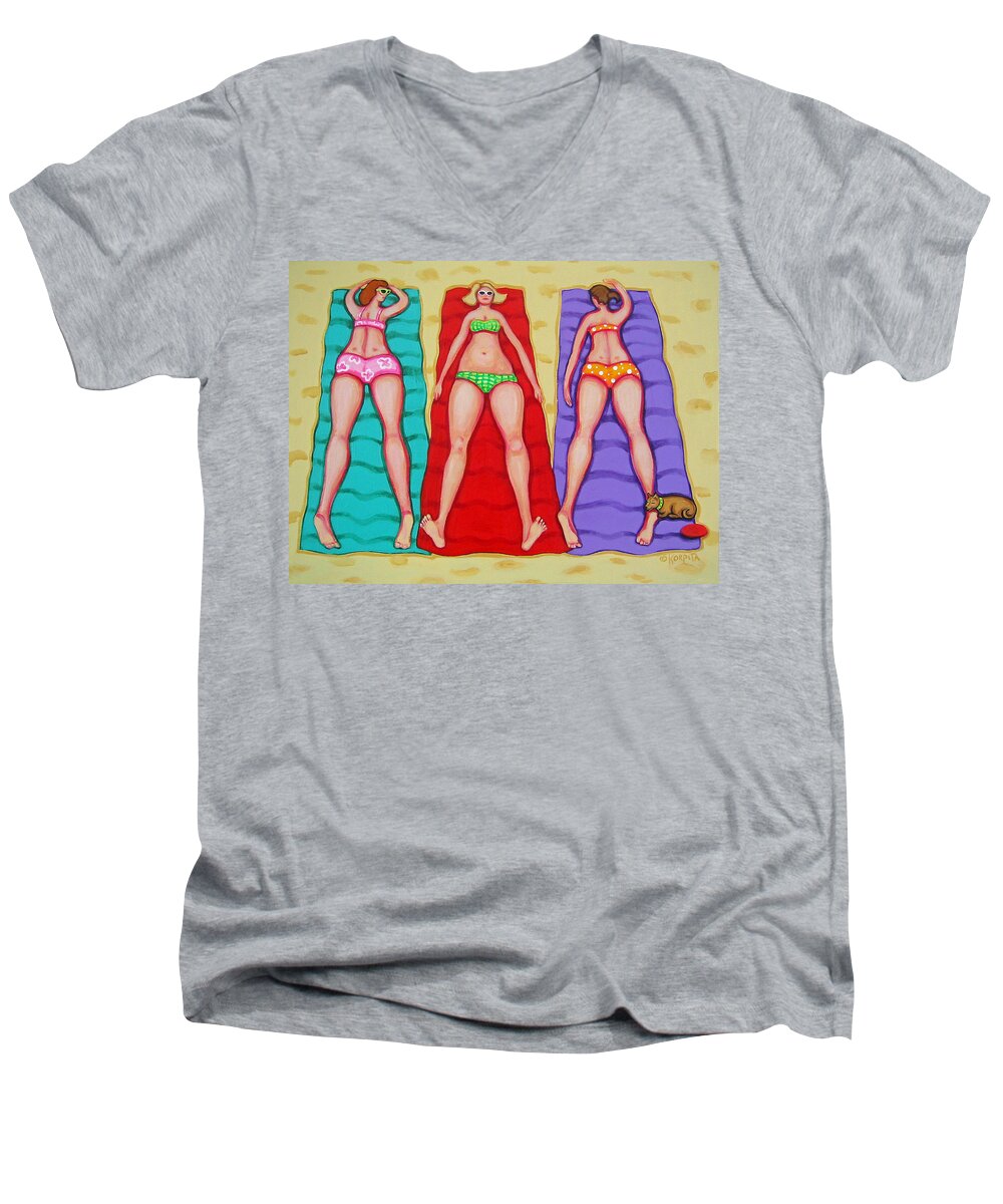 Whimsical Beach Men's V-Neck T-Shirt featuring the painting Three Bathing Beauties and Buster by Rebecca Korpita