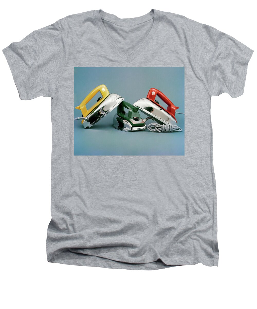 Studio Shot Men's V-Neck T-Shirt featuring the photograph Three Irons By Casco Products by Richard Rutledge
