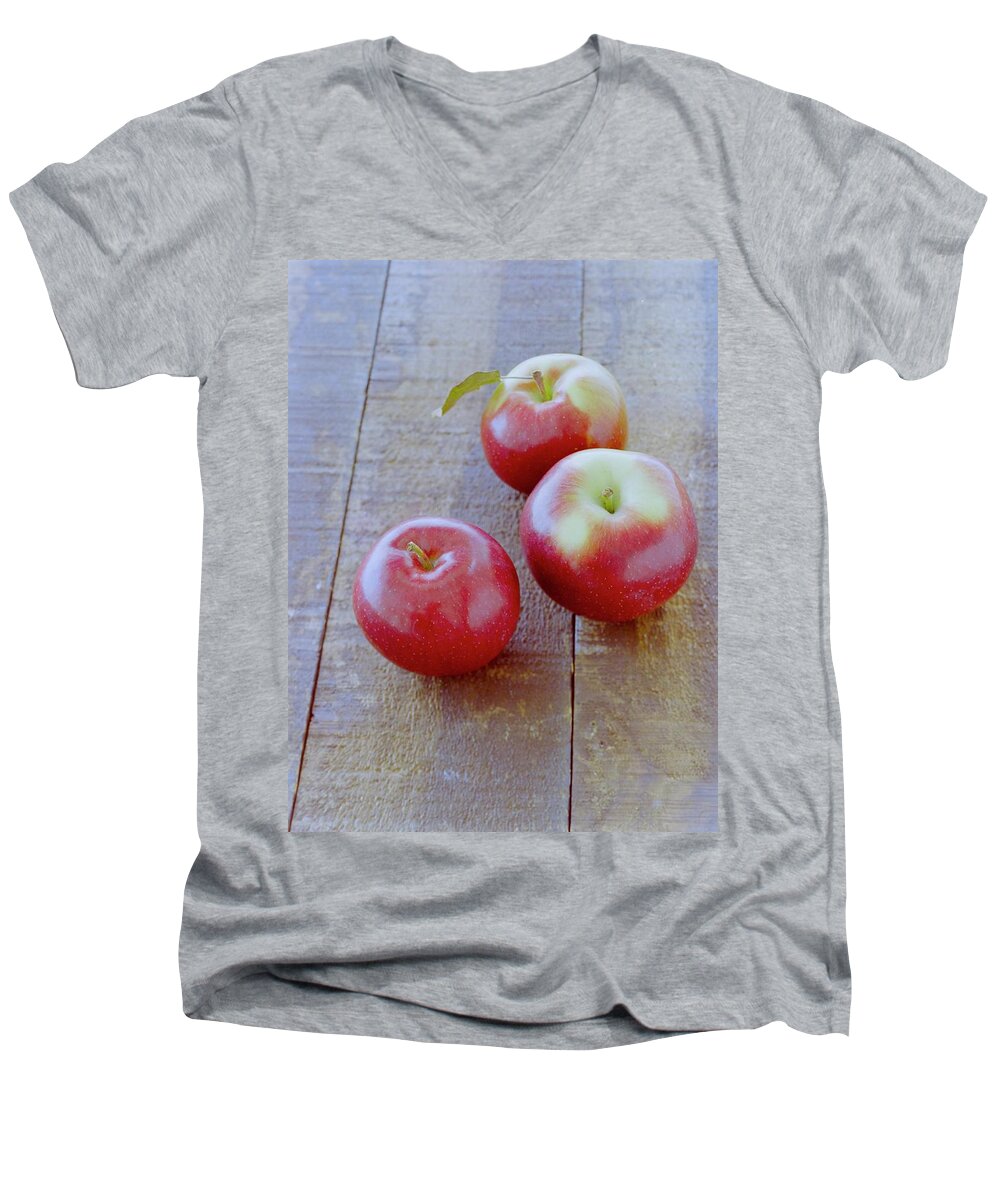 Fruits Men's V-Neck T-Shirt featuring the photograph Three Red Apples by Romulo Yanes