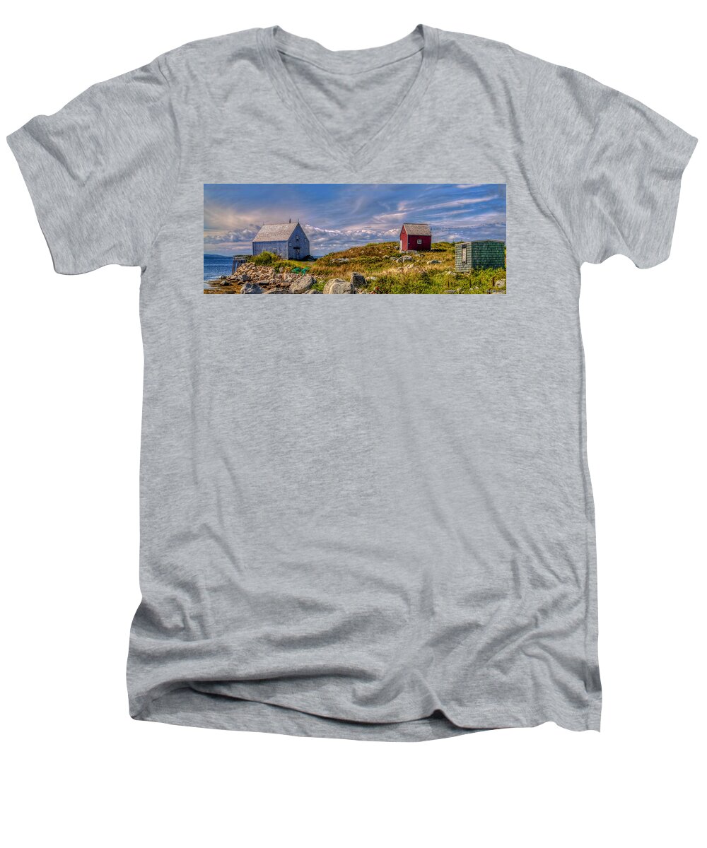 Peggys Cove Men's V-Neck T-Shirt featuring the photograph Three Shacks by the Sea by Ken Morris