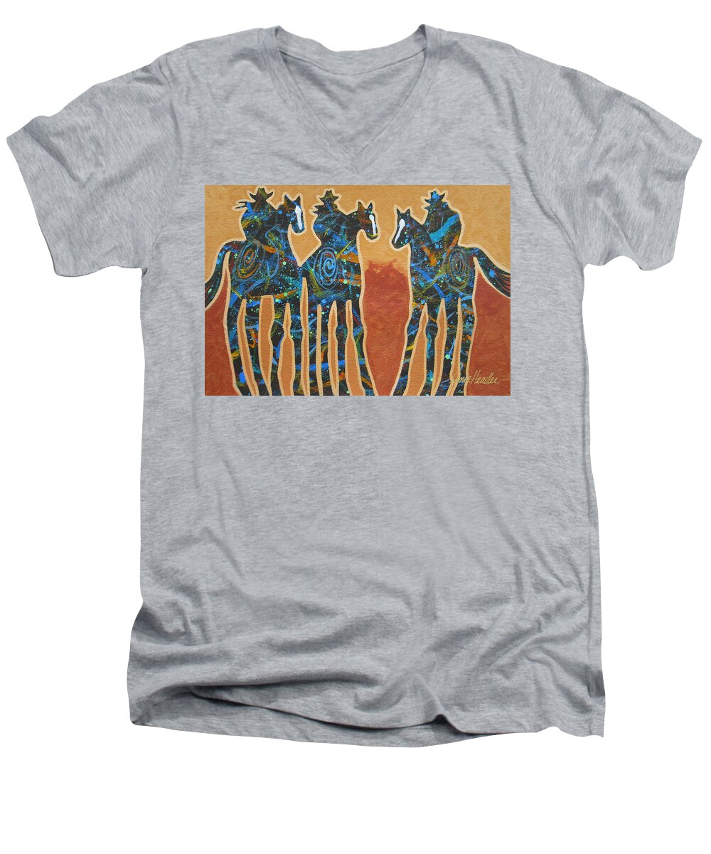 Minimal Western Men's V-Neck T-Shirt featuring the painting Three With Rope by Lance Headlee