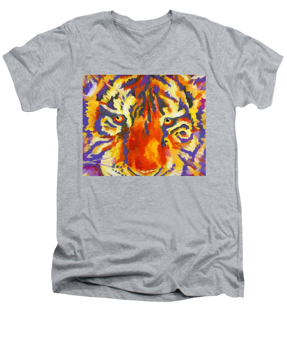 Tiger Men's V-Neck T-Shirt featuring the painting Tiger Eyes by Stephen Anderson