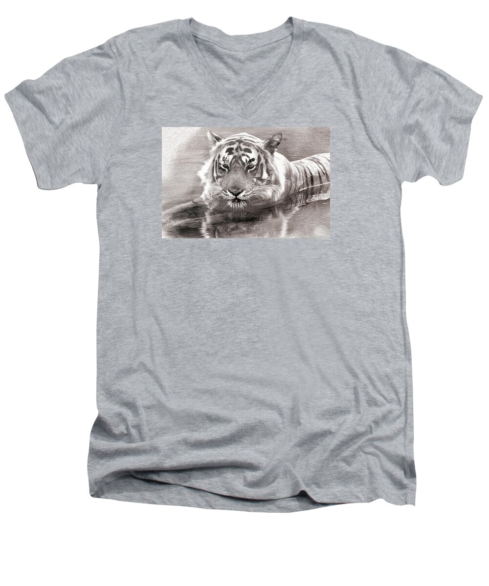 Tiger Men's V-Neck T-Shirt featuring the photograph Tiger Love Water by Manjot Singh Sachdeva