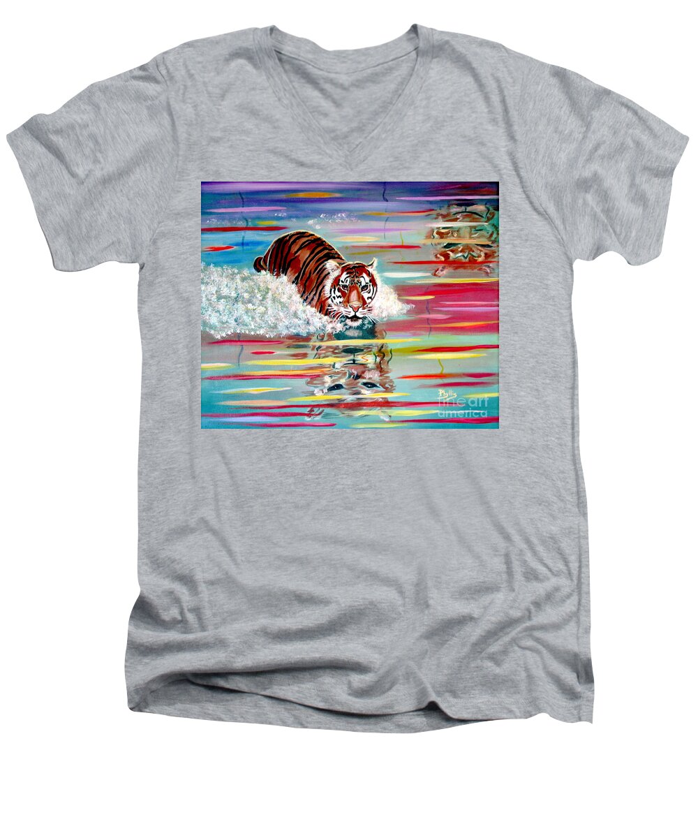 Tiger Men's V-Neck T-Shirt featuring the painting Tigers Crossing by Phyllis Kaltenbach