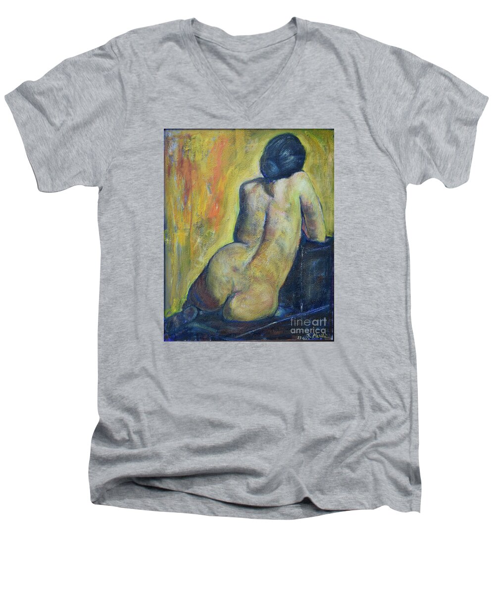 Woman Men's V-Neck T-Shirt featuring the painting Tiina - Back of Nude Woman by Raija Merila