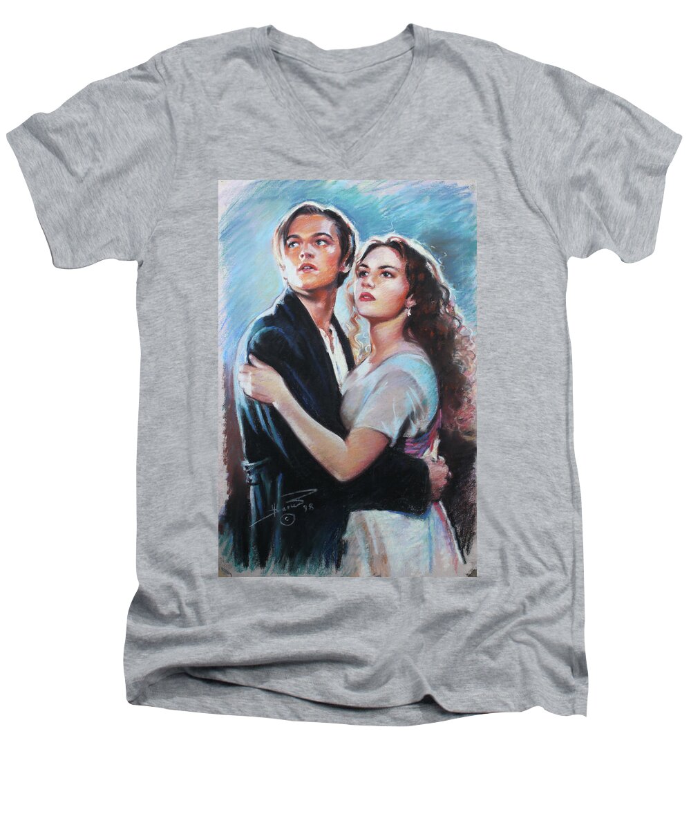 Titanic Men's V-Neck T-Shirt featuring the drawing Titanic Jack and Rose by Viola El