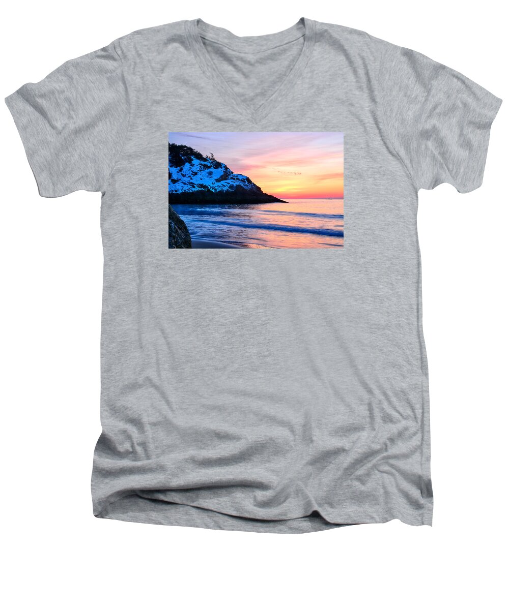 Touch Of Snow Men's V-Neck T-Shirt featuring the photograph Touch of Snow Singing Beach by Michael Hubley