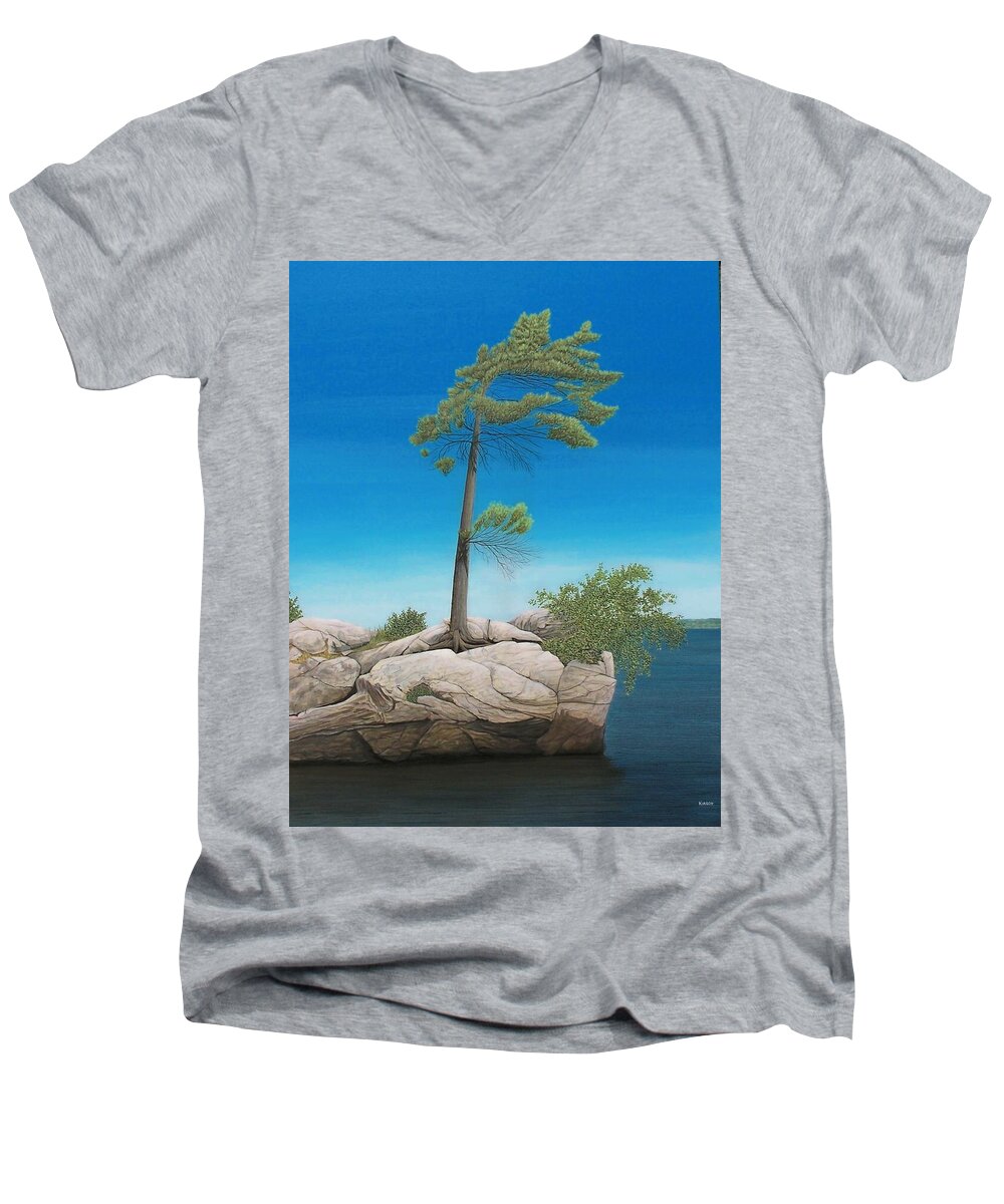Landscapes Men's V-Neck T-Shirt featuring the painting Tree in Rock by Kenneth M Kirsch
