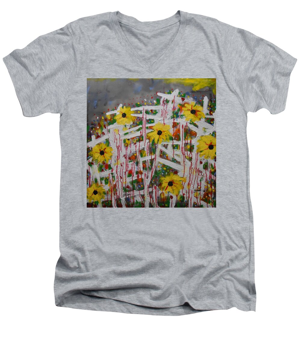 Abstract Men's V-Neck T-Shirt featuring the painting Trellis Fall Flower Garden by GH FiLben