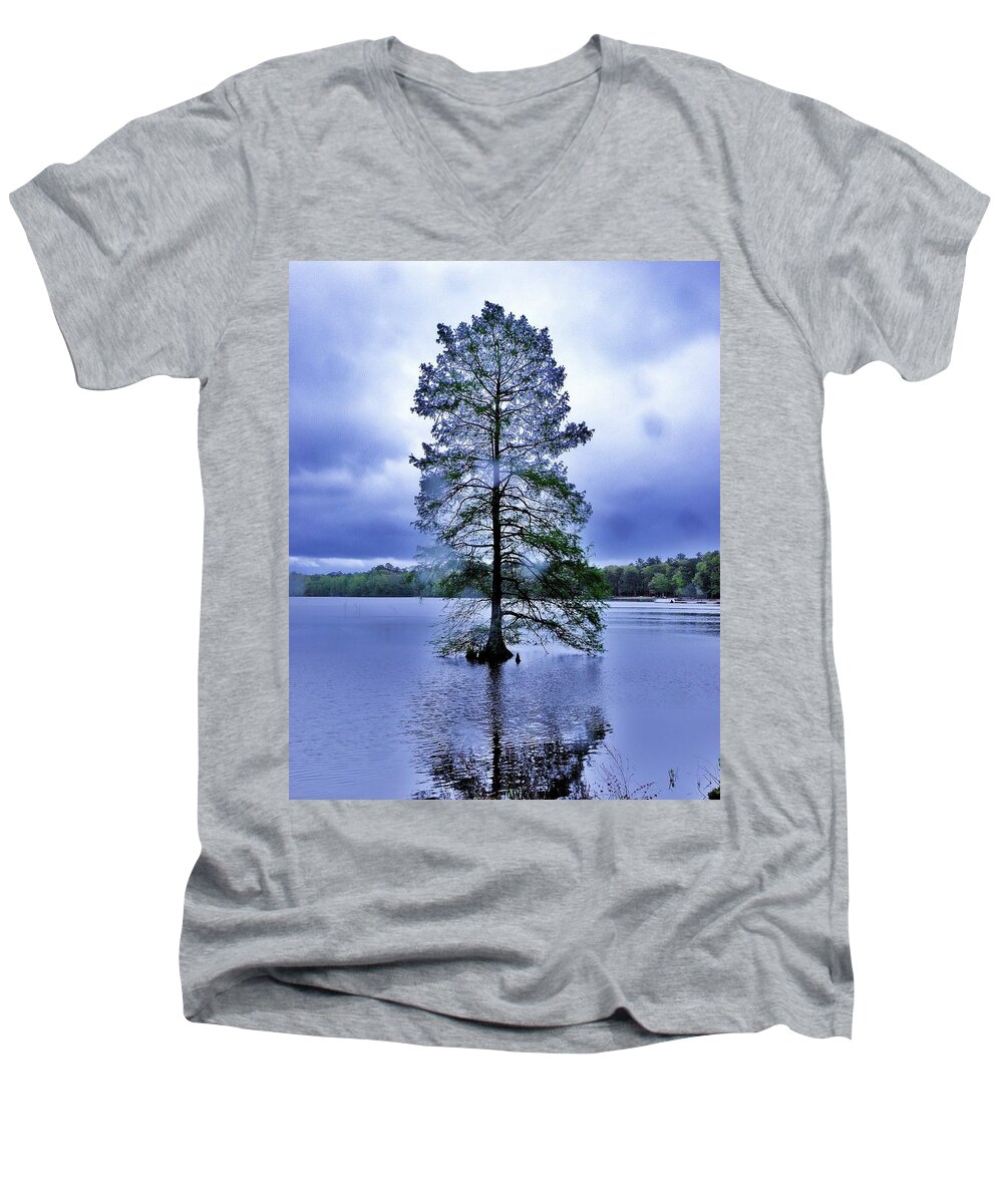 Bald Cypress Tree Men's V-Neck T-Shirt featuring the photograph The Healing Tree - Trap Pond State Park Delaware by Kim Bemis