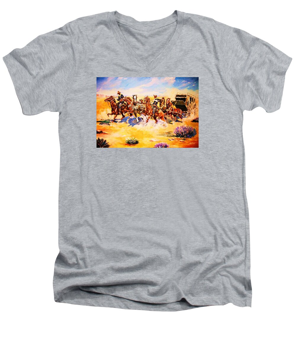 Cavalry Men's V-Neck T-Shirt featuring the painting Troopers Stopping a Runaway Coach by Al Brown