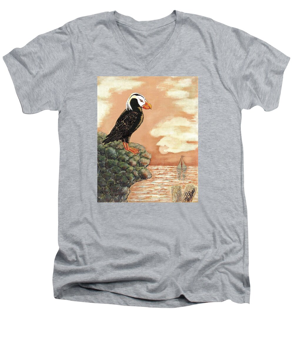 Puffin Men's V-Neck T-Shirt featuring the painting TUFTED PUFFIN at DUSK by VLee Watson