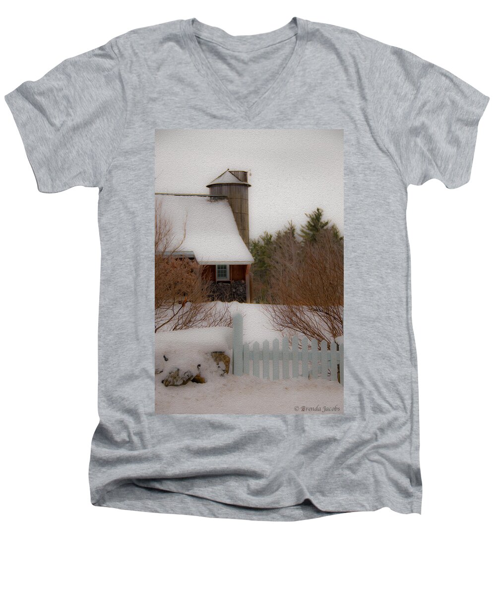 Barn Doors Men's V-Neck T-Shirt featuring the photograph Tuftonboro Farm in Snow by Brenda Jacobs