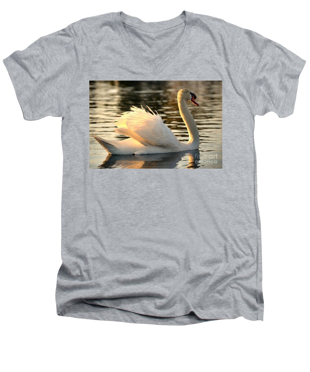 White Swan Men's V-Neck T-Shirt featuring the photograph Twilight Swim by Deb Halloran