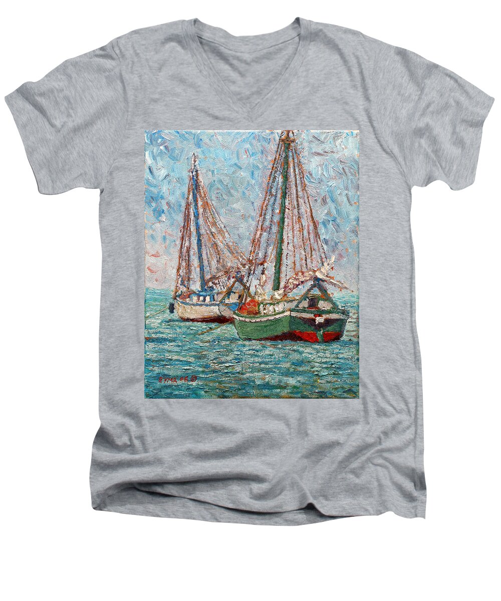 Twin Boats Men's V-Neck T-Shirt featuring the painting Twin Boats by Ritchie Eyma