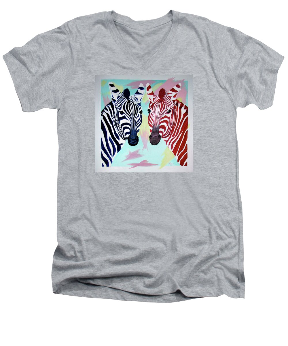 Zebras Men's V-Neck T-Shirt featuring the painting Twin zs by Phyllis Kaltenbach