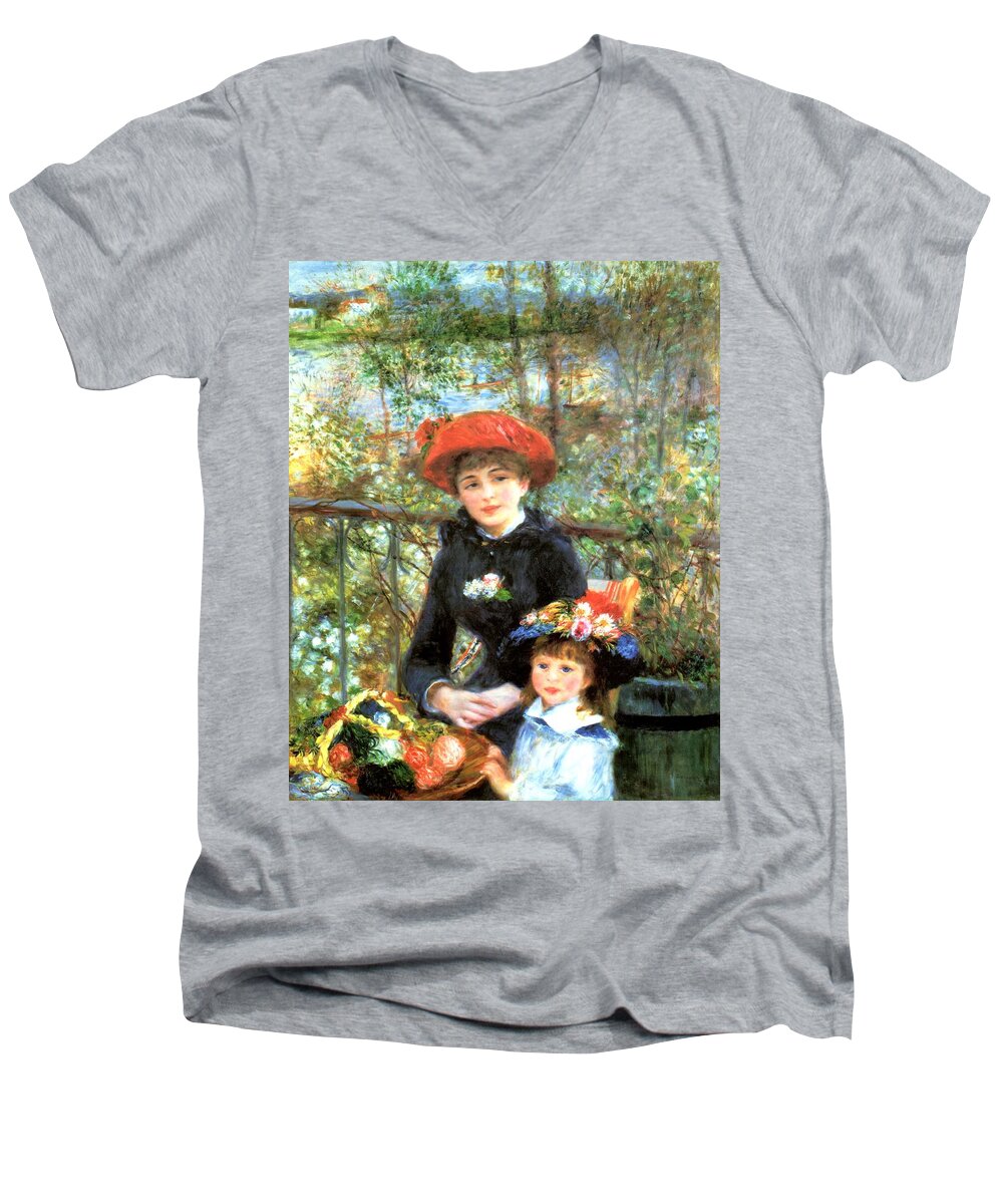 Pierre-auguste Renoir Men's V-Neck T-Shirt featuring the digital art Two Sisters on the Terrace by Pierre-Auguste Renoir