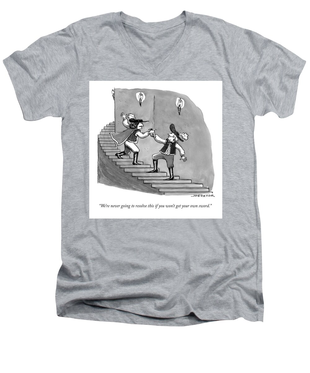 We're Never Going To Resolve This If You Won't Get Your Own Sword. Men's V-Neck T-Shirt featuring the drawing Two Swordfighters On A Staircase Grasp The Handle by Joe Dator