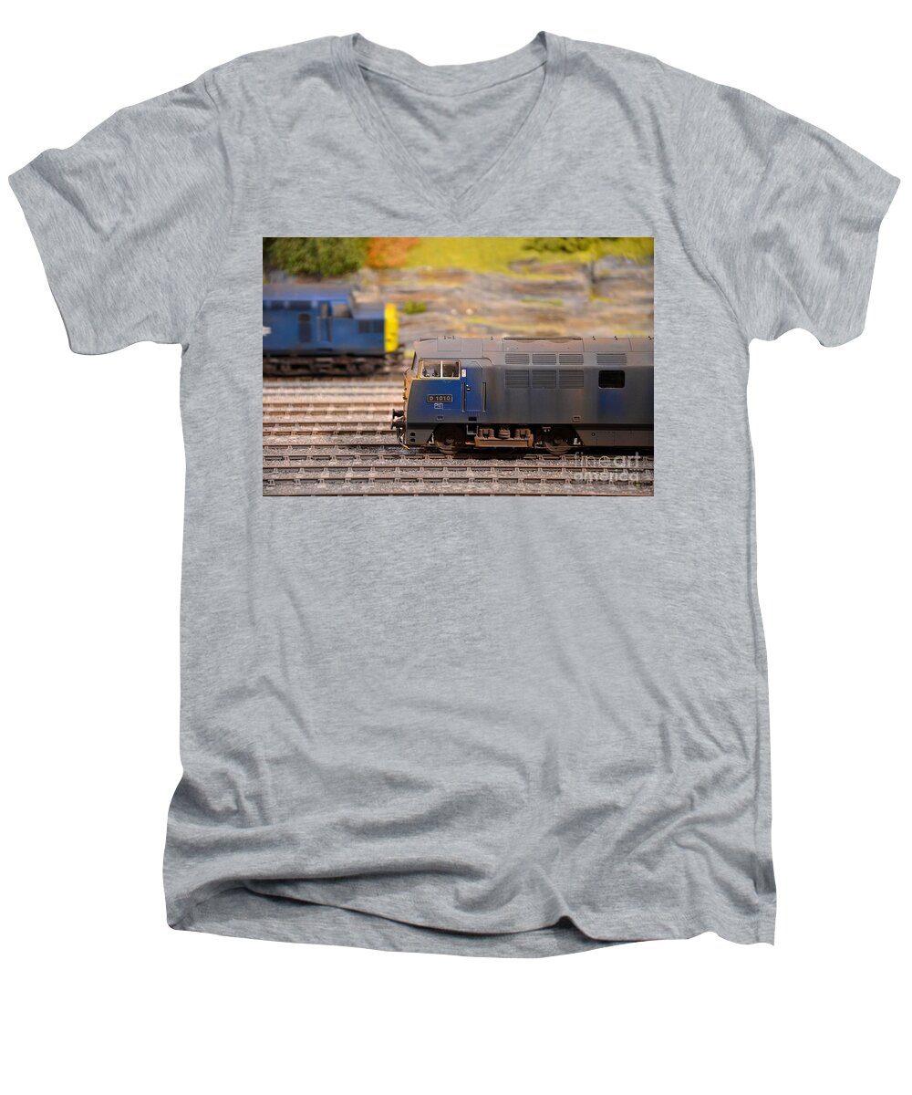 British Men's V-Neck T-Shirt featuring the photograph Two yellow blue British Rail model railway train engines by Imran Ahmed