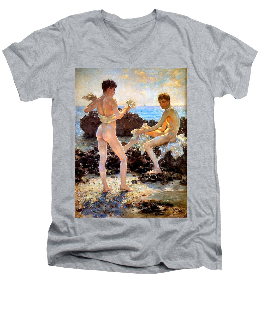Henry Scott Tuke Men's V-Neck T-Shirt featuring the painting Under the Western Sun by Henry Scott Tuke