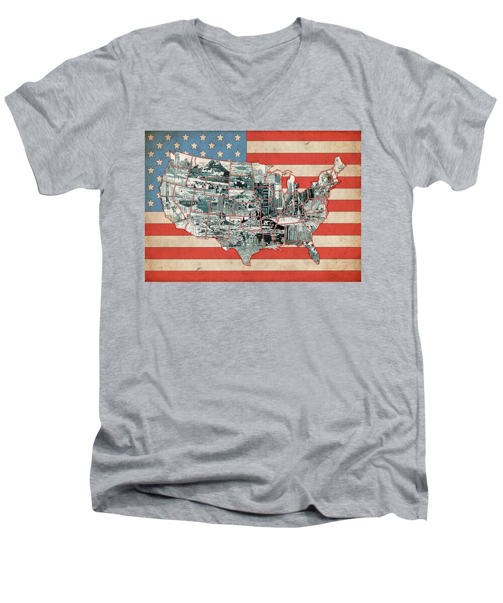 Map Men's V-Neck T-Shirt featuring the painting United States Flag Map by Bekim M