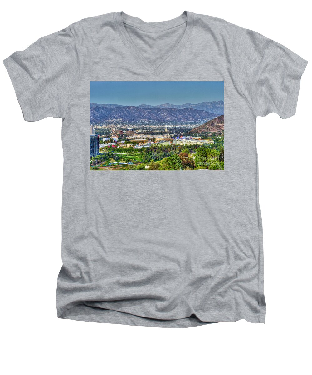 Universal City Men's V-Neck T-Shirt featuring the photograph Universal City Warner Bros. Studios Clear Clear Day by David Zanzinger