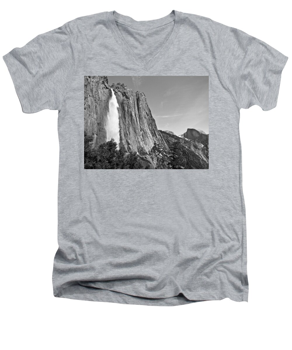 Yosemite National Park Men's V-Neck T-Shirt featuring the photograph Upper Yosemite Fall with Half Dome by Shane Kelly