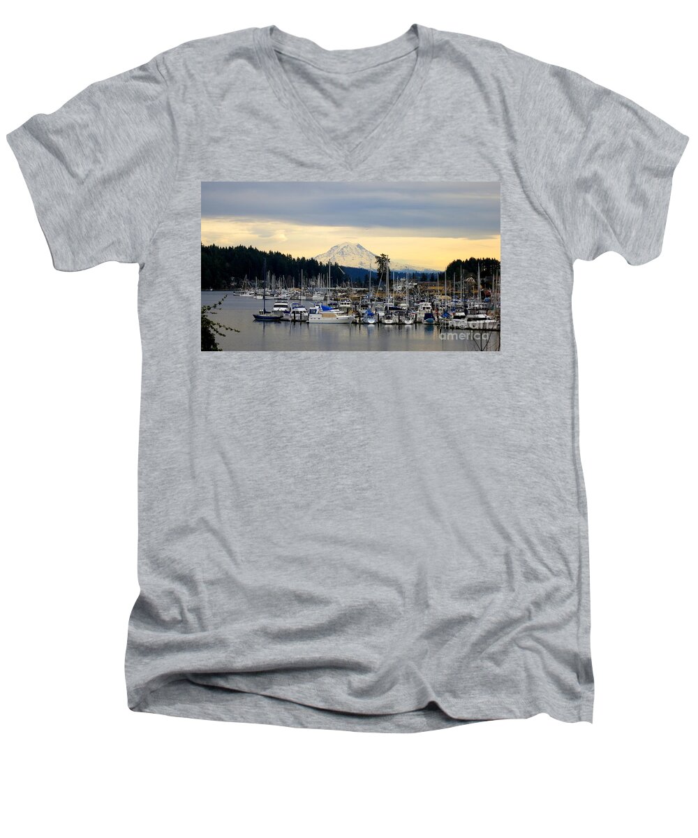 Mountain Men's V-Neck T-Shirt featuring the photograph View of Mt. Rainier From Gig Harbor WA by Tatyana Searcy