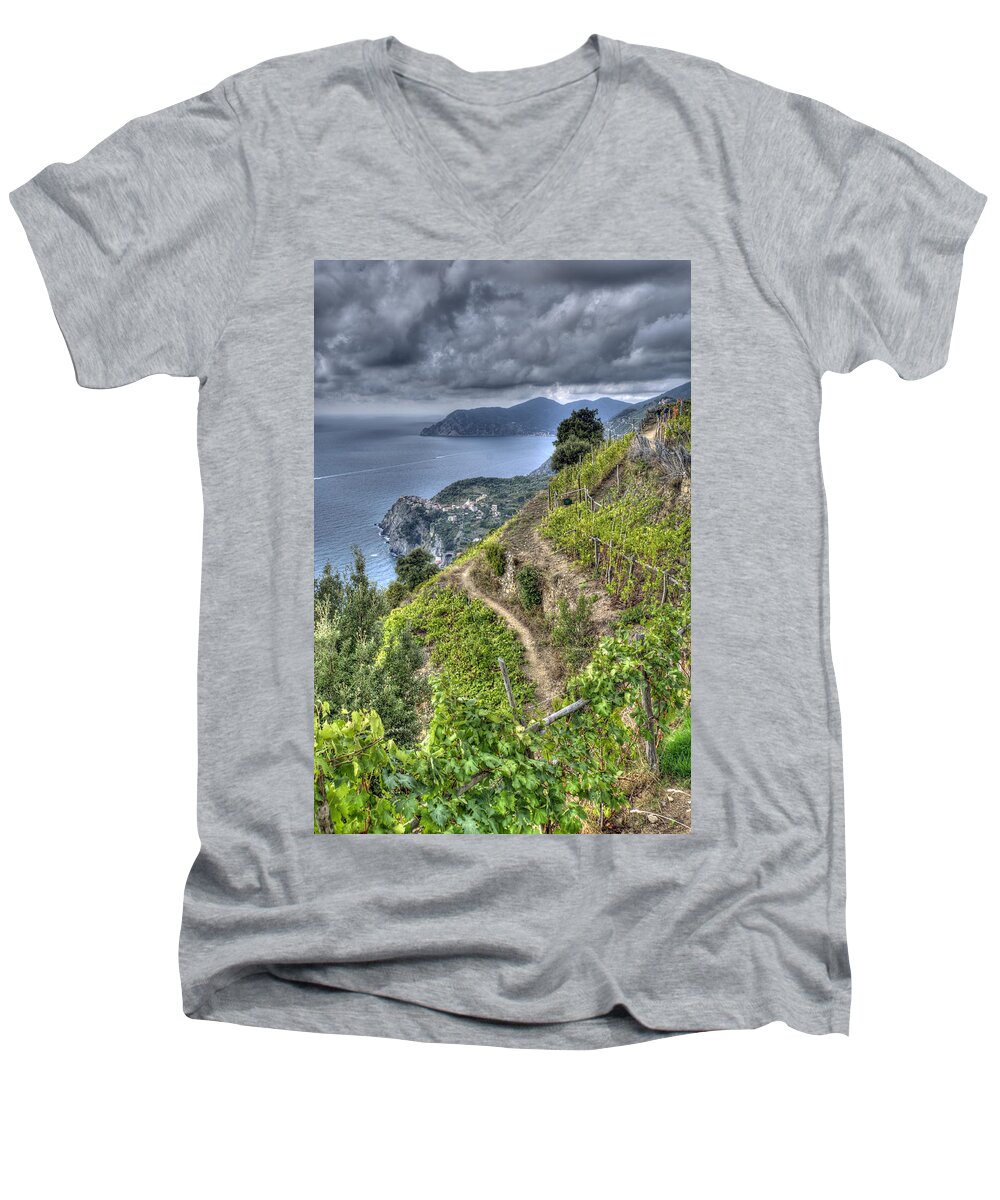 Europe Men's V-Neck T-Shirt featuring the photograph Vineyards above Cinque Terre 1 by Matt Swinden
