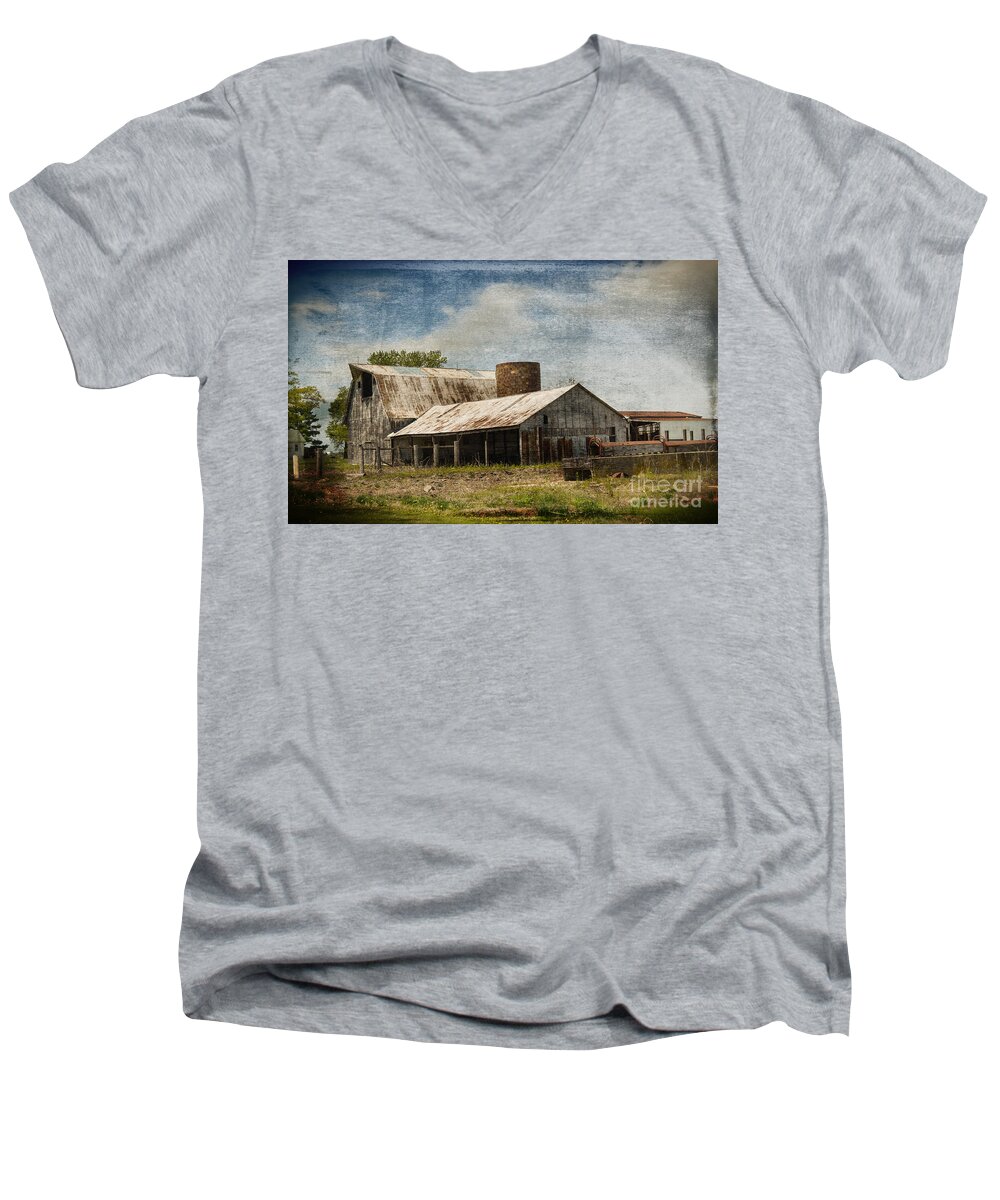 Vandalia Illinois Men's V-Neck T-Shirt featuring the photograph Barn -Vintage Barn with Brick Silo - Luther Fine Art by Luther Fine Art
