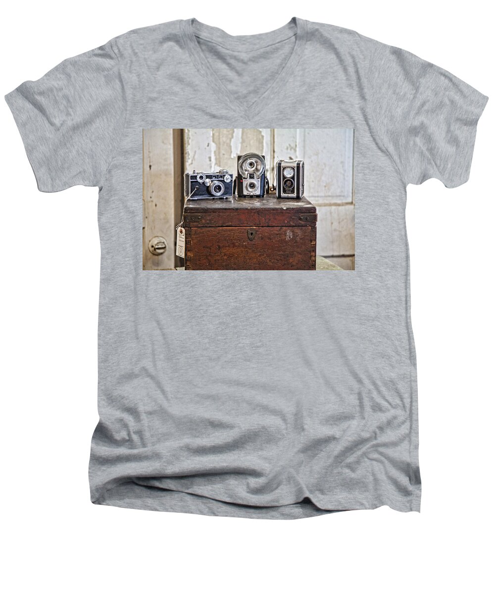 Cameras Men's V-Neck T-Shirt featuring the photograph Vintage Cameras at Warehouse 54 by Toni Hopper