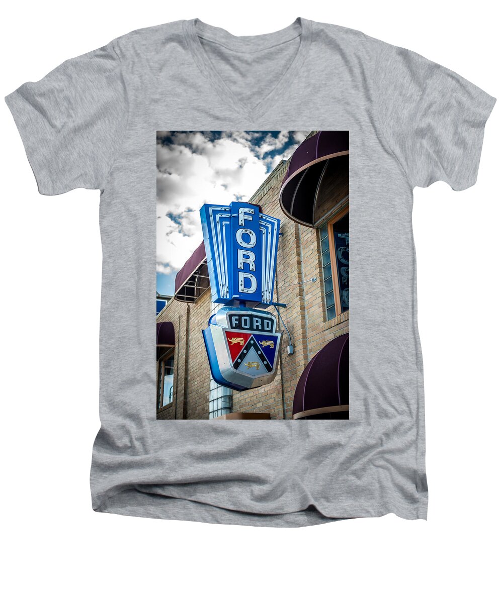 Ford Men's V-Neck T-Shirt featuring the photograph Vintage Ford Sign by Paul Freidlund