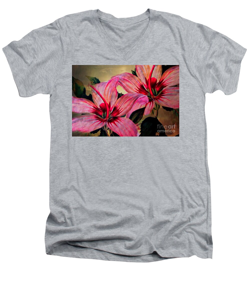 Lily Men's V-Neck T-Shirt featuring the photograph Vintage Painted Pink Lily by Judy Palkimas