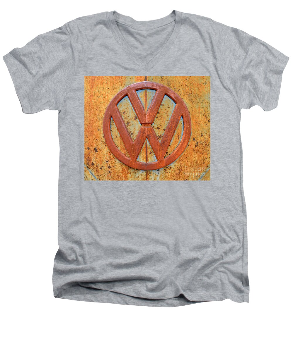 Vw Men's V-Neck T-Shirt featuring the photograph Vintage Volkswagen Bus Logo by Catherine Sherman