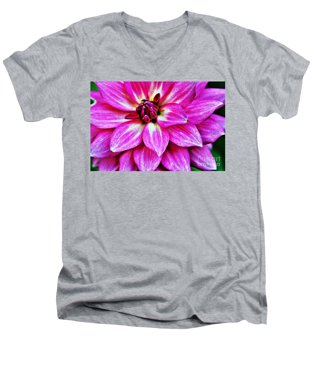 Dahlia Men's V-Neck T-Shirt featuring the photograph Virbrant Pink Dahlia by Judy Palkimas